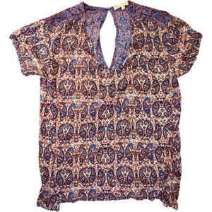 Ella Moss Boho Keyhole Blouse Blue Paisley V-Neck Lightweight Size M USA